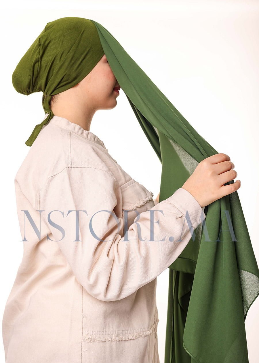شال كريب بالبوني يربط من الخلف - أخضر عسكري -