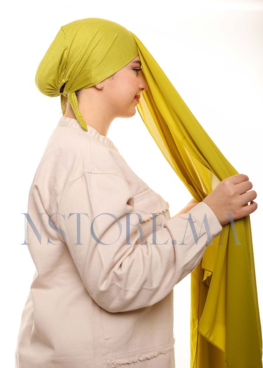 شال كريب بالبوني يربط من الخلف - أخضر مصفر -