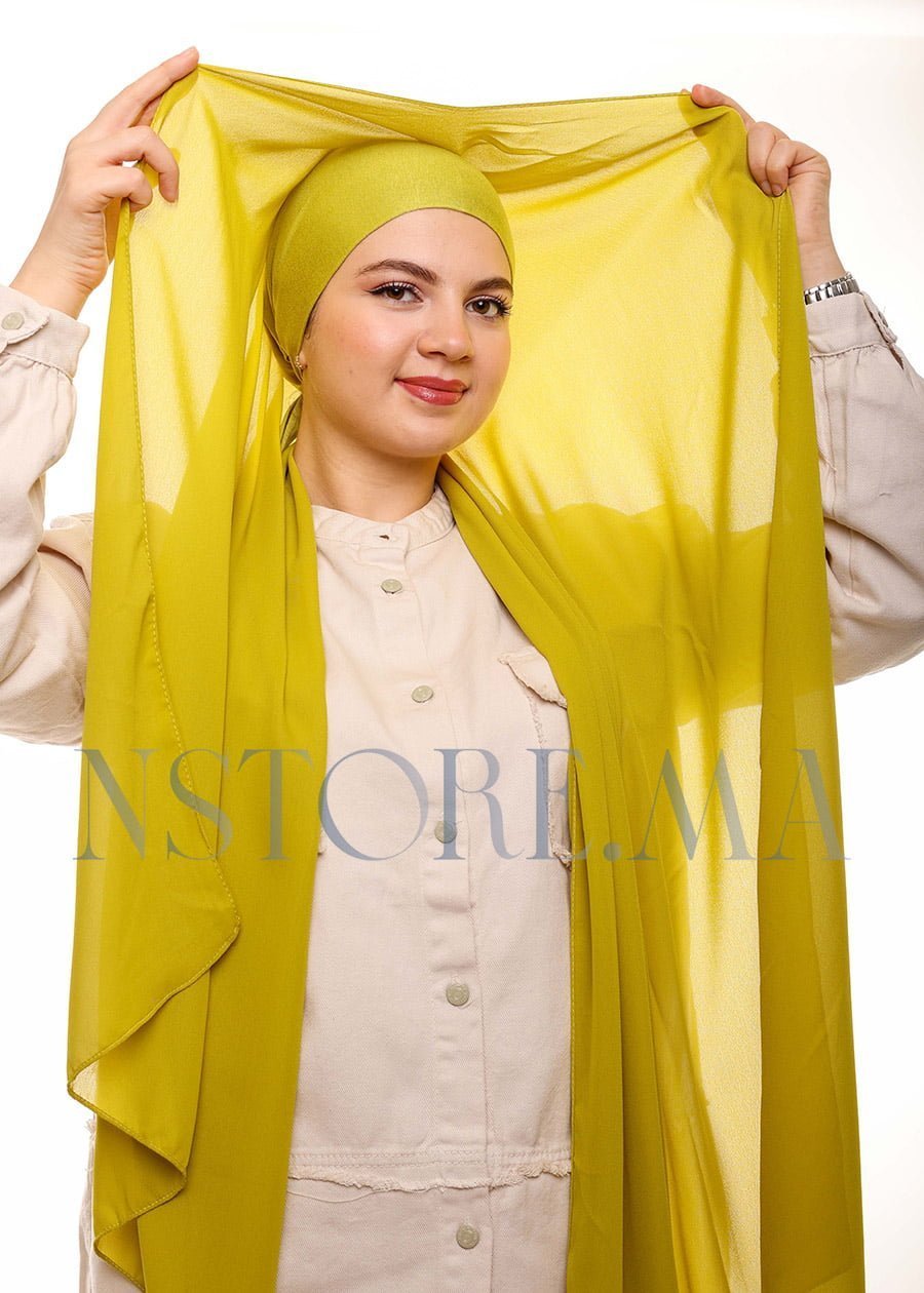 شال كريب بالبوني يربط من الخلف - أخضر مصفر -