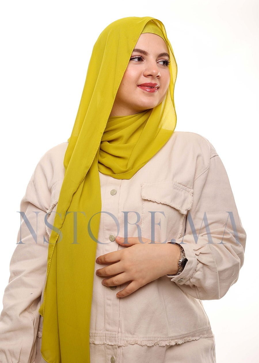 شال كريب بالبوني يربط من الخلف - أخضر مصفر -