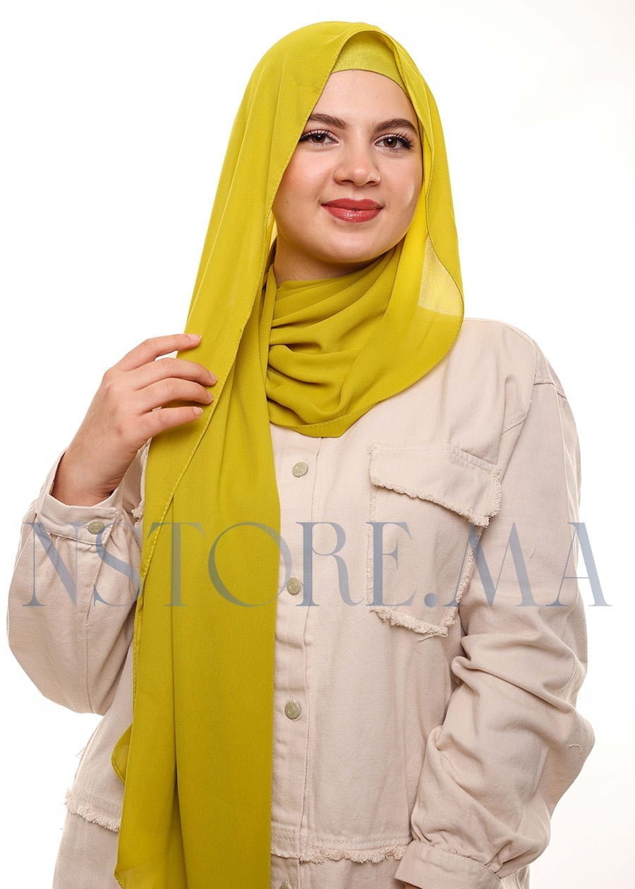 شال كريب بالبوني يربط من الخلف أخضر مصفر