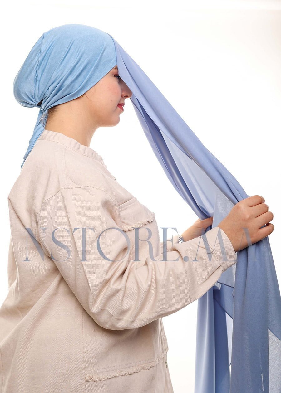 شال كريب بالبوني يربط من الخلف - أزرق جينز فاتح -