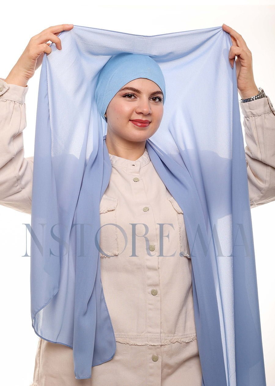 شال كريب بالبوني يربط من الخلف - أزرق جينز فاتح -