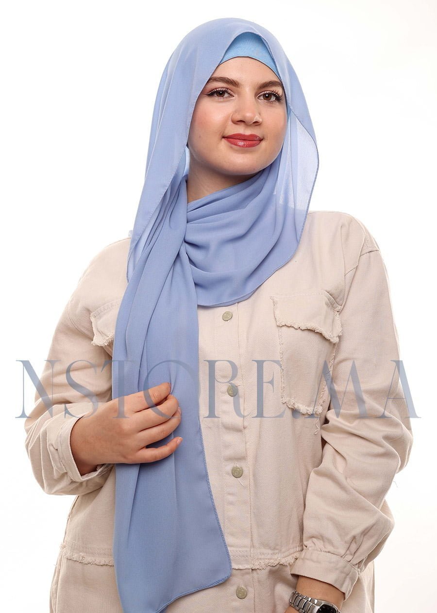 شال كريب بالبوني يربط من الخلف - أزرق جينز فاتح -