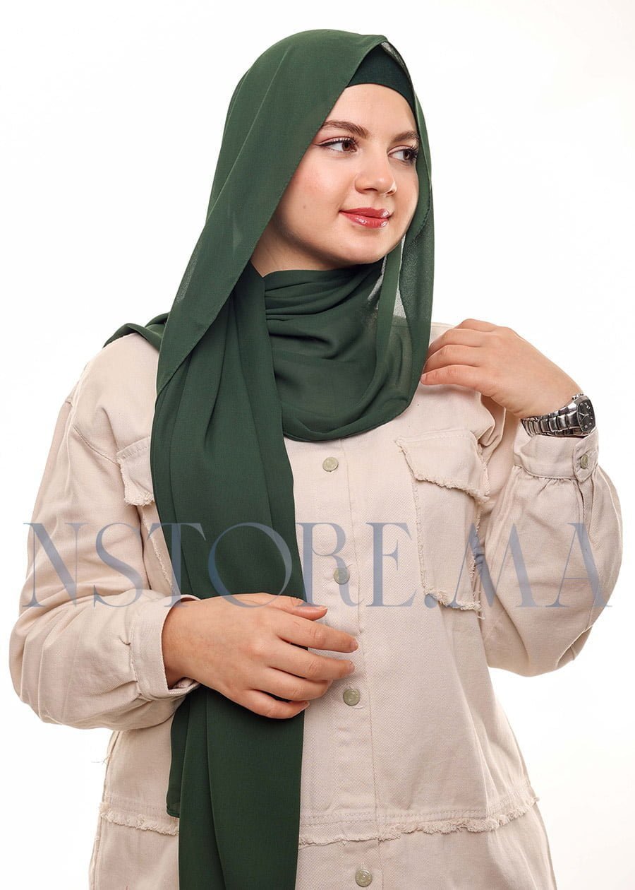 شال كريب بالبوني يربط من الخلف أخضر زيتي