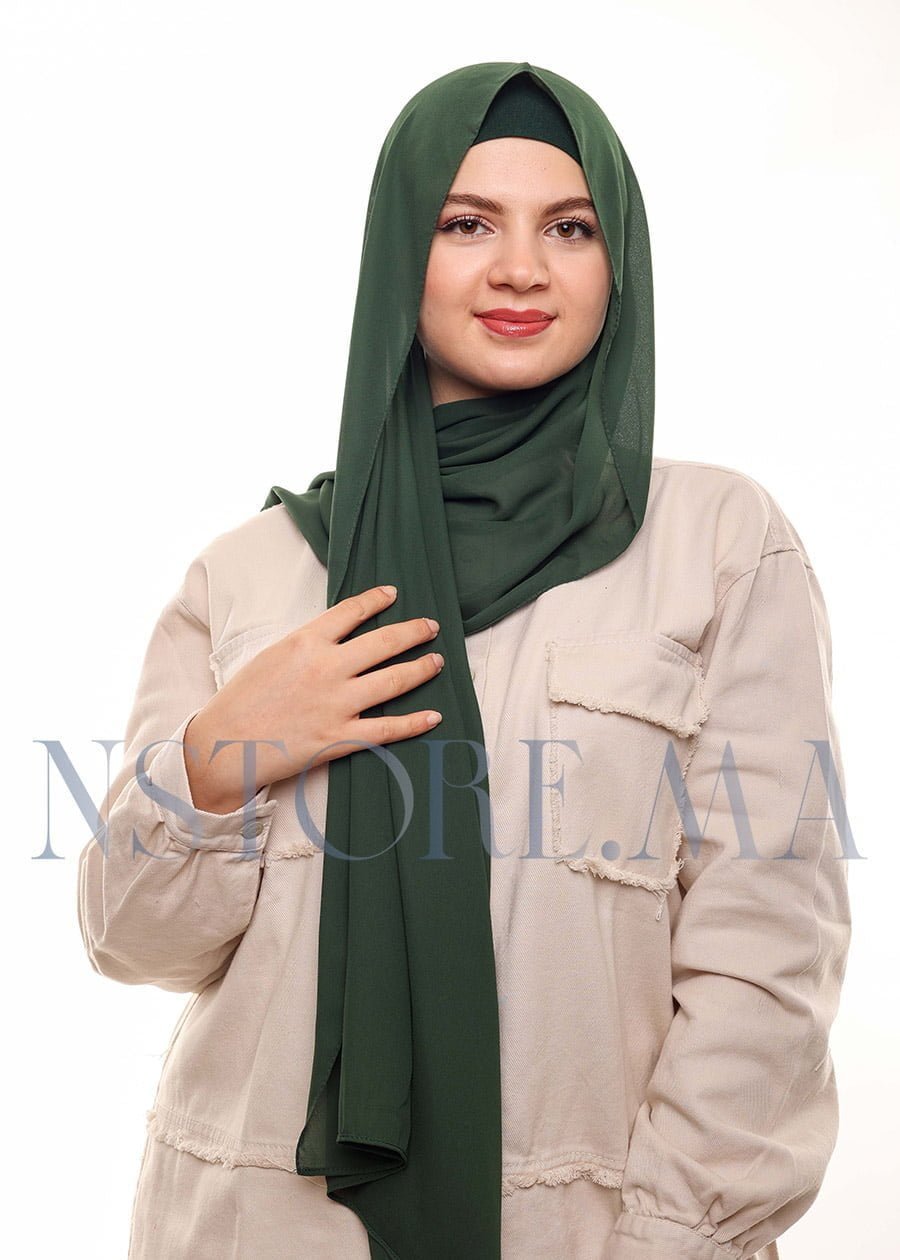 شال كريب بالبوني يربط من الخلف - أخضر زيتي -