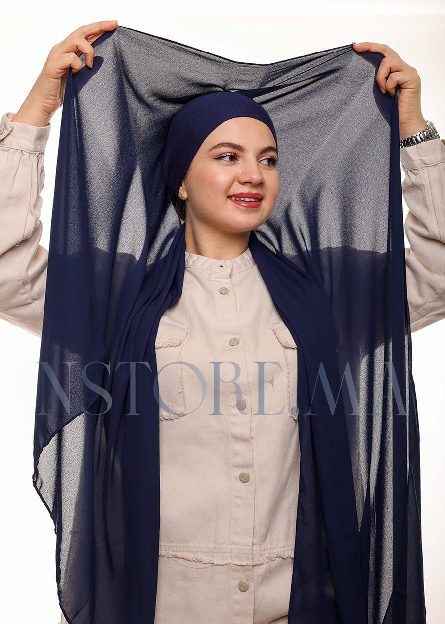 شال كريب بالبوني يربط من الخلف - أزرق غامق -