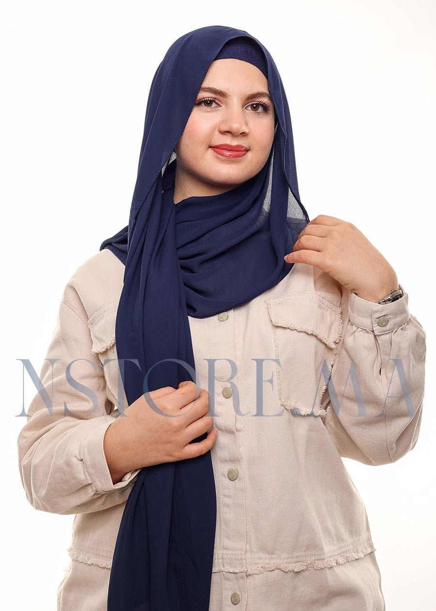 شال كريب بالبوني يربط من الخلف - أزرق غامق -