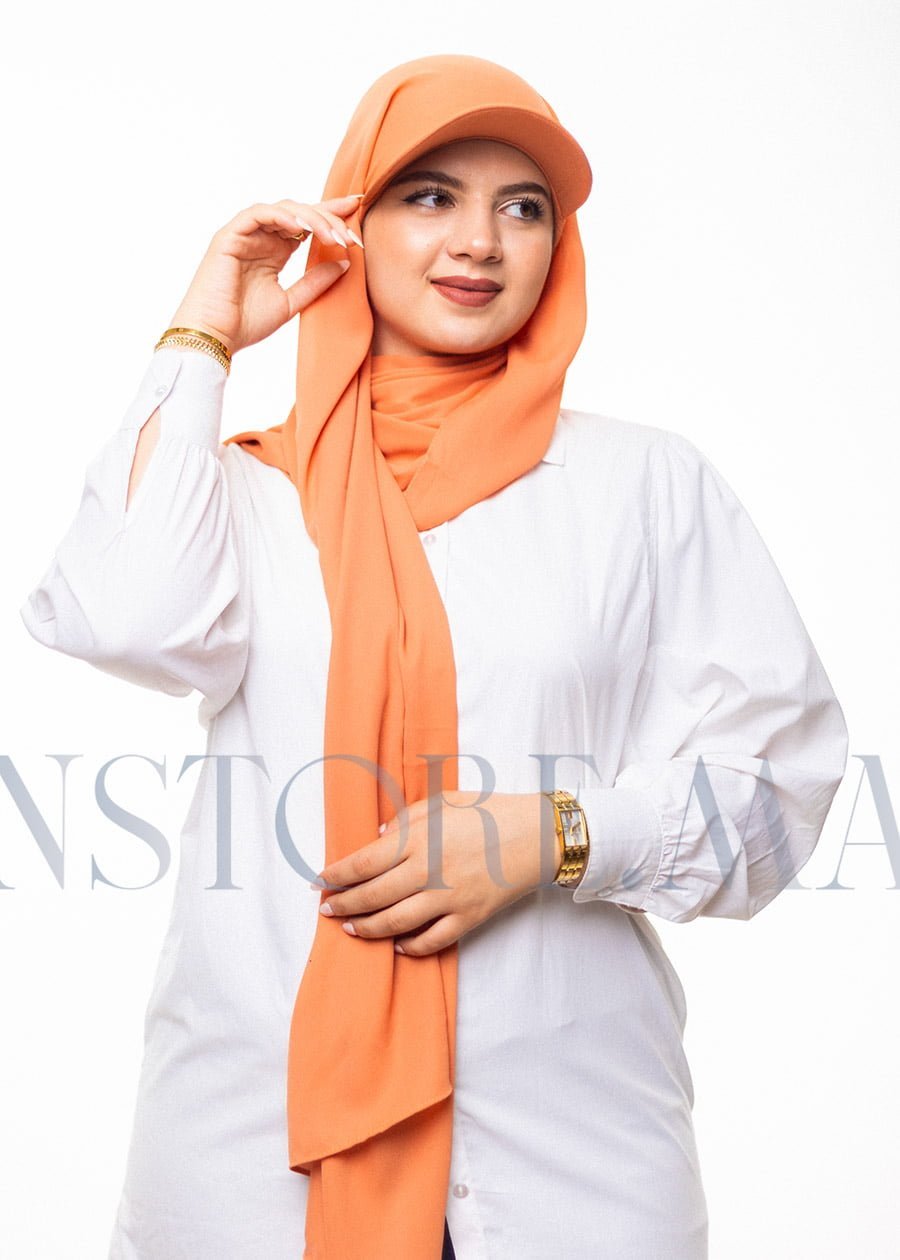 شال كريب حريري مع قبعة برتقالي باستيل