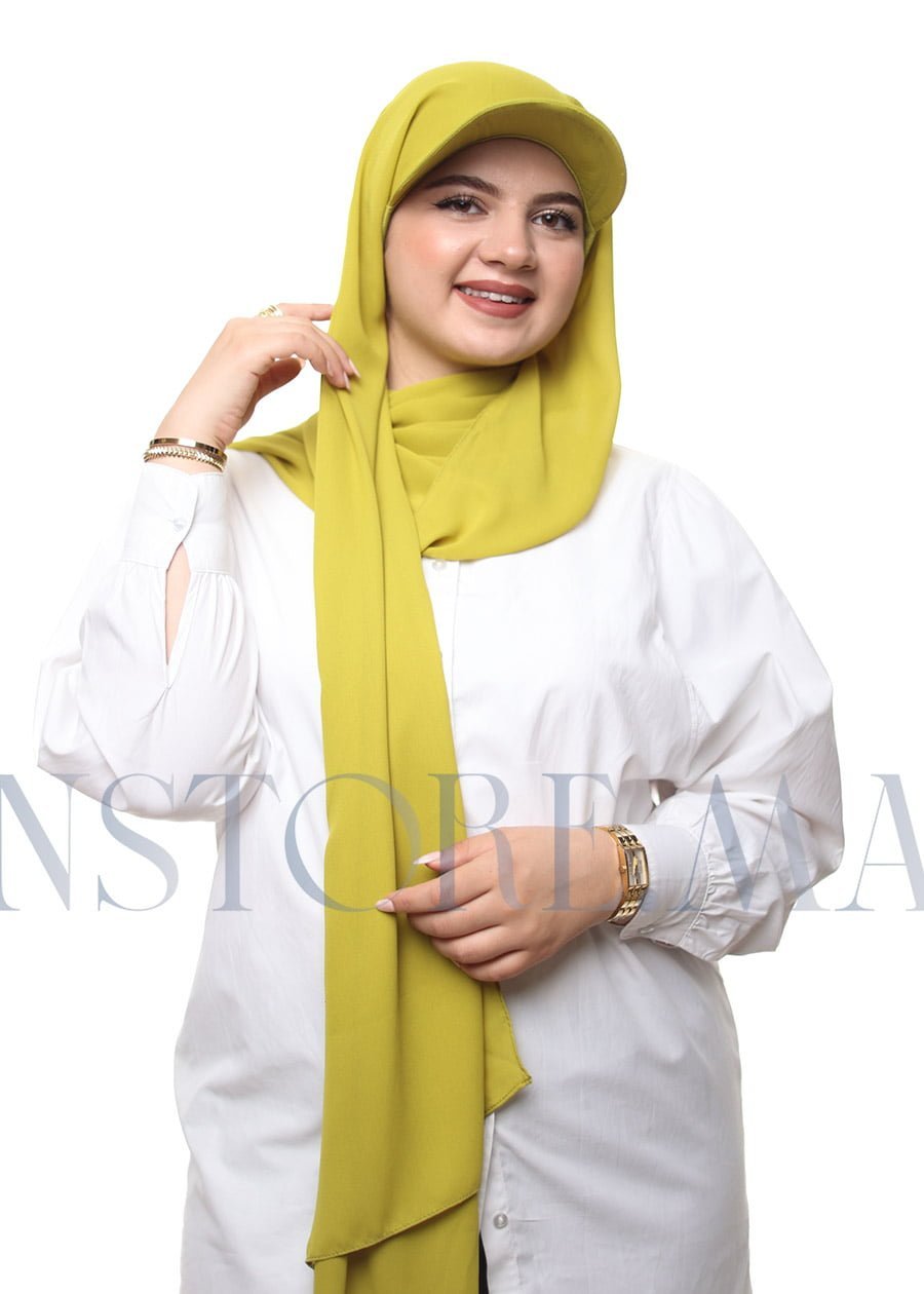 شال كريب حريري بالقبعة - أخضر مصفر -