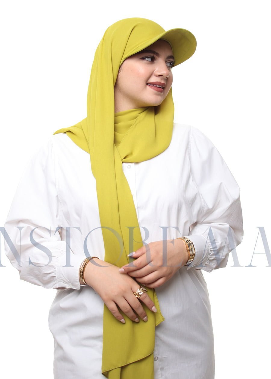 شال كريب حريري بالقبعة - أخضر مصفر -