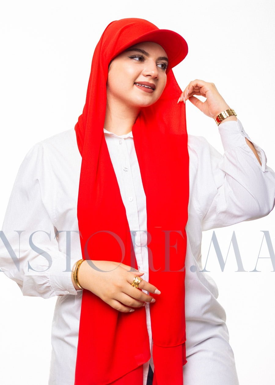 شال كريب حريري بالقبعة - أحمر -