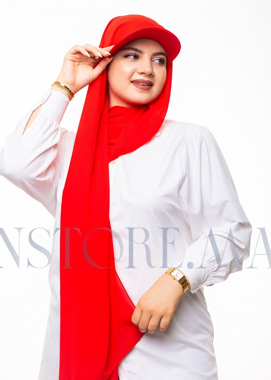 شال كريب حريري بالقبعة - أحمر -