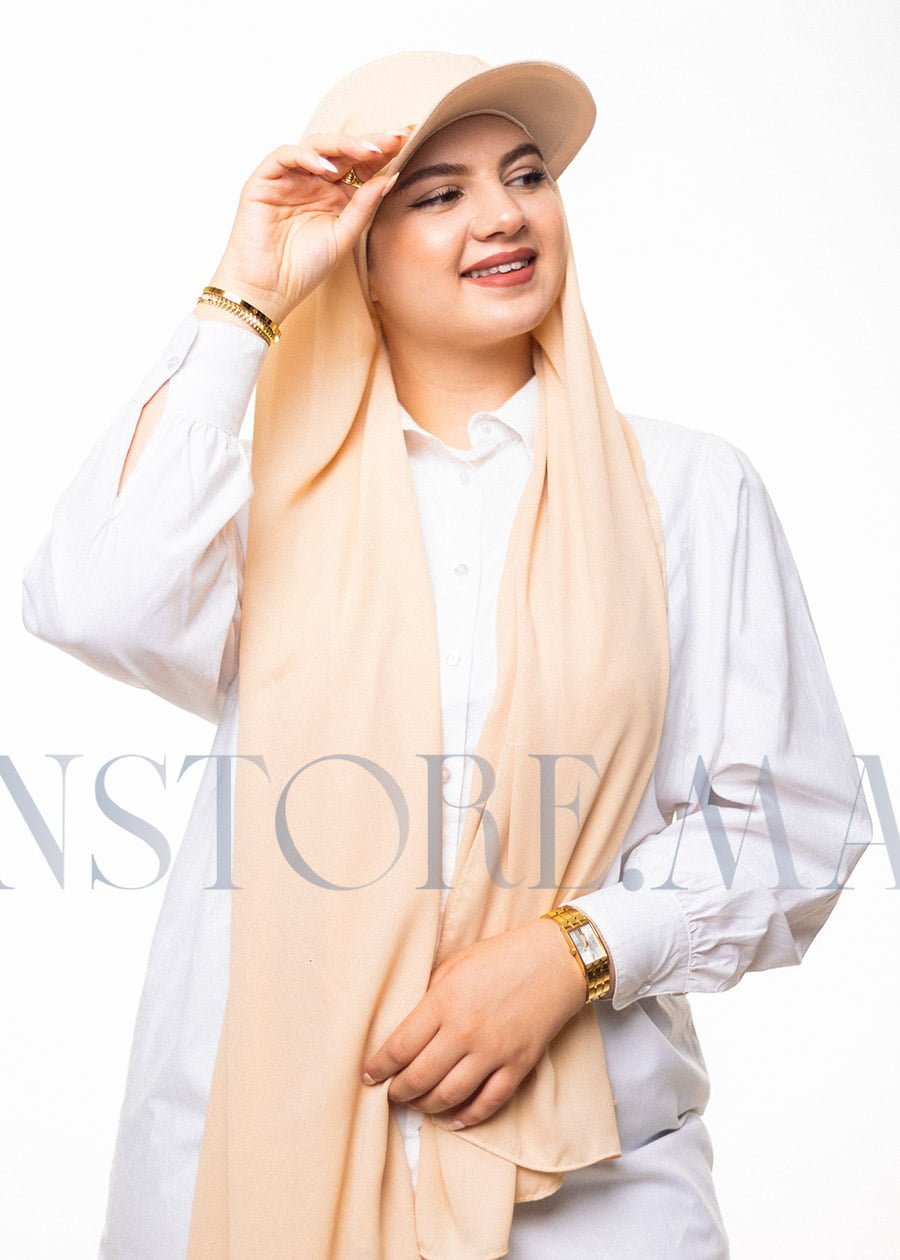 شال كريب حريري بالقبعة - بيج فاتح -