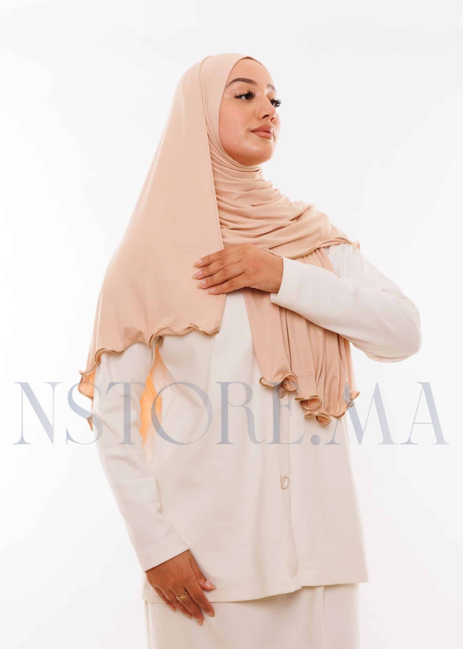 شال ليكرا مموج - بيج وردي -