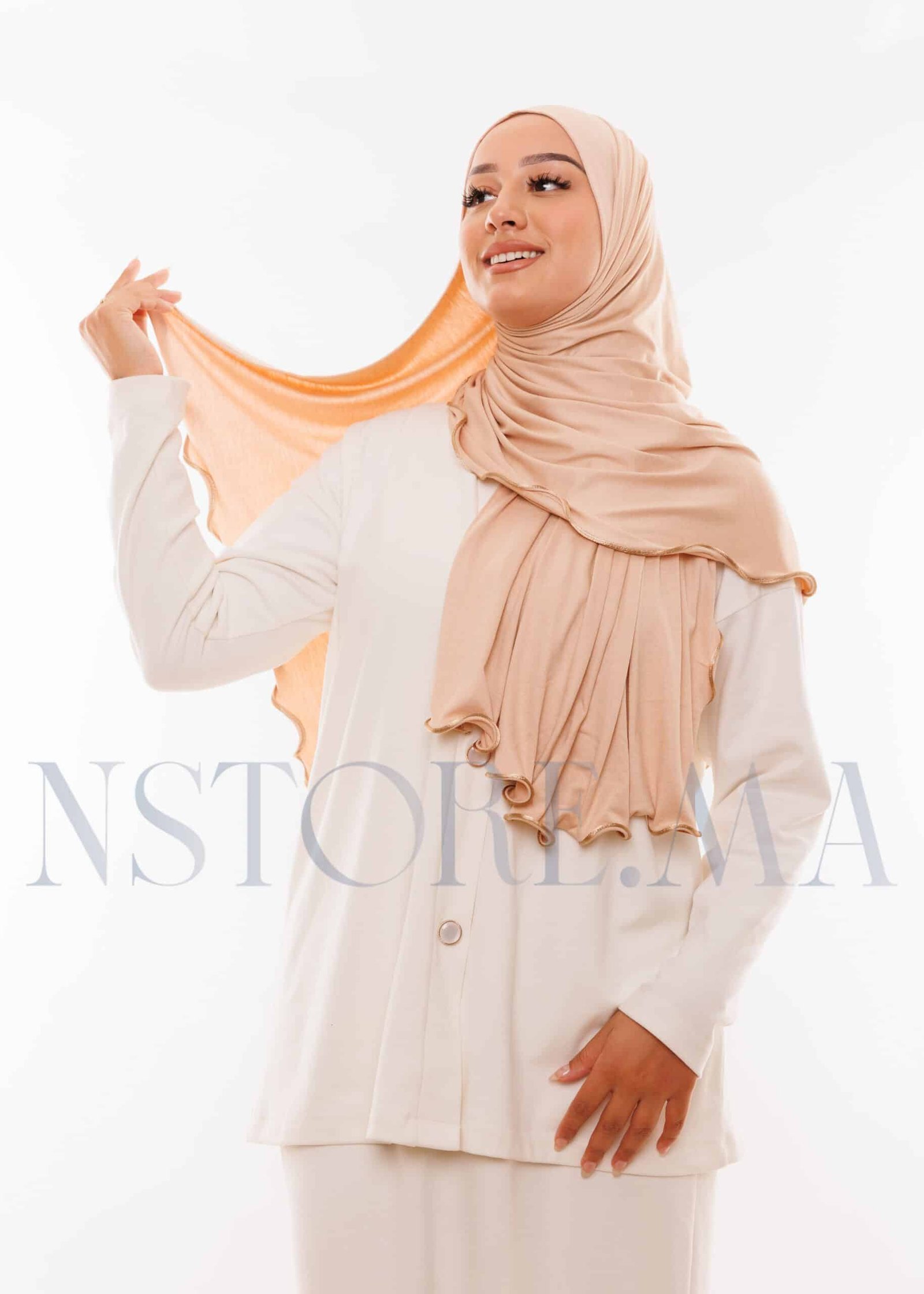 شال ليكرا مموج بيج وردي