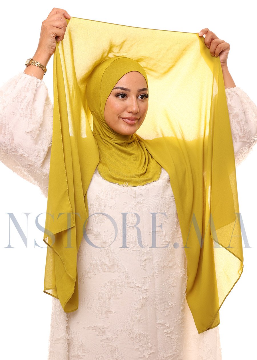 129A2271 شال كريب حريري بالبوني "النينجا" - أخضر خردلي - (موطارد)