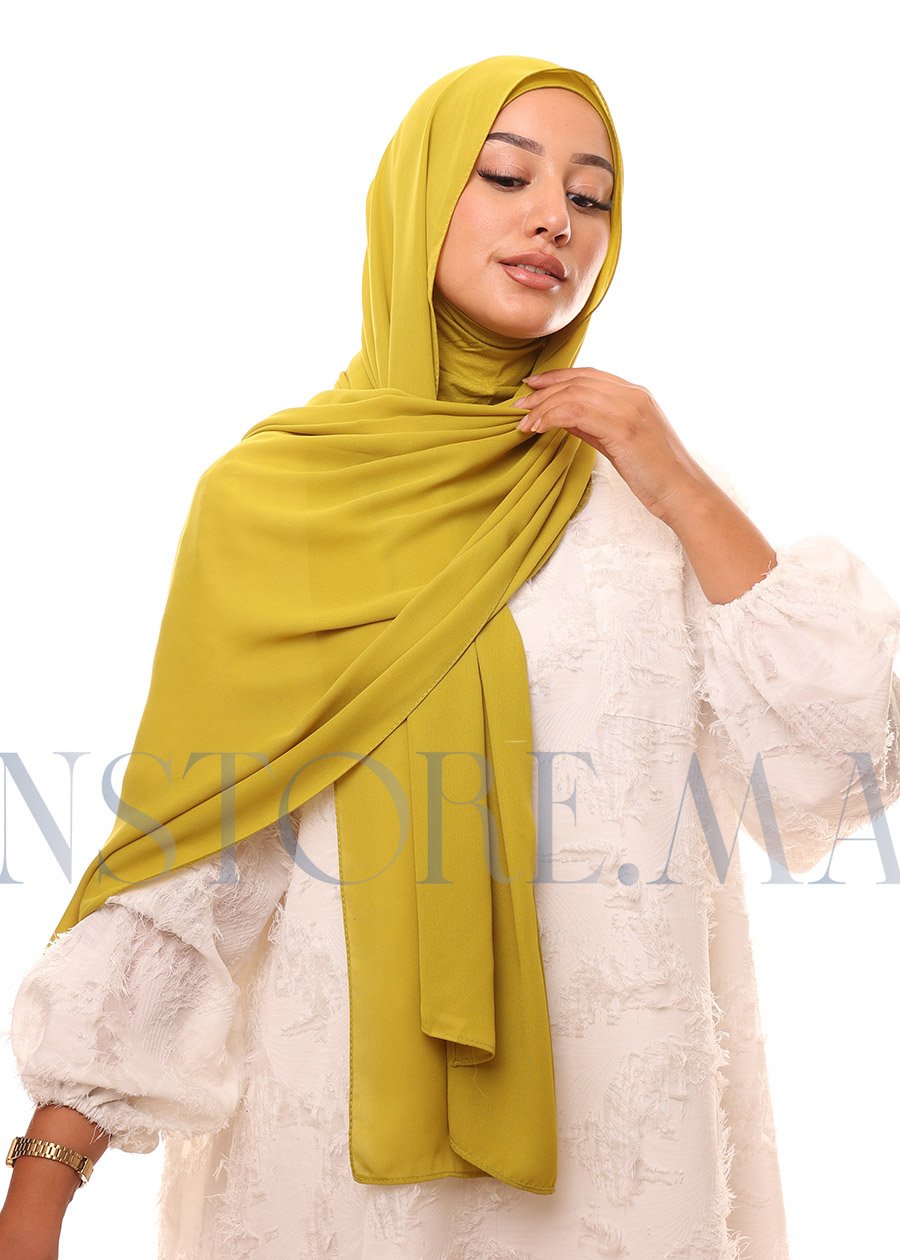 129A2275 شال كريب حريري بالبوني "النينجا" - أخضر خردلي - (موطارد)