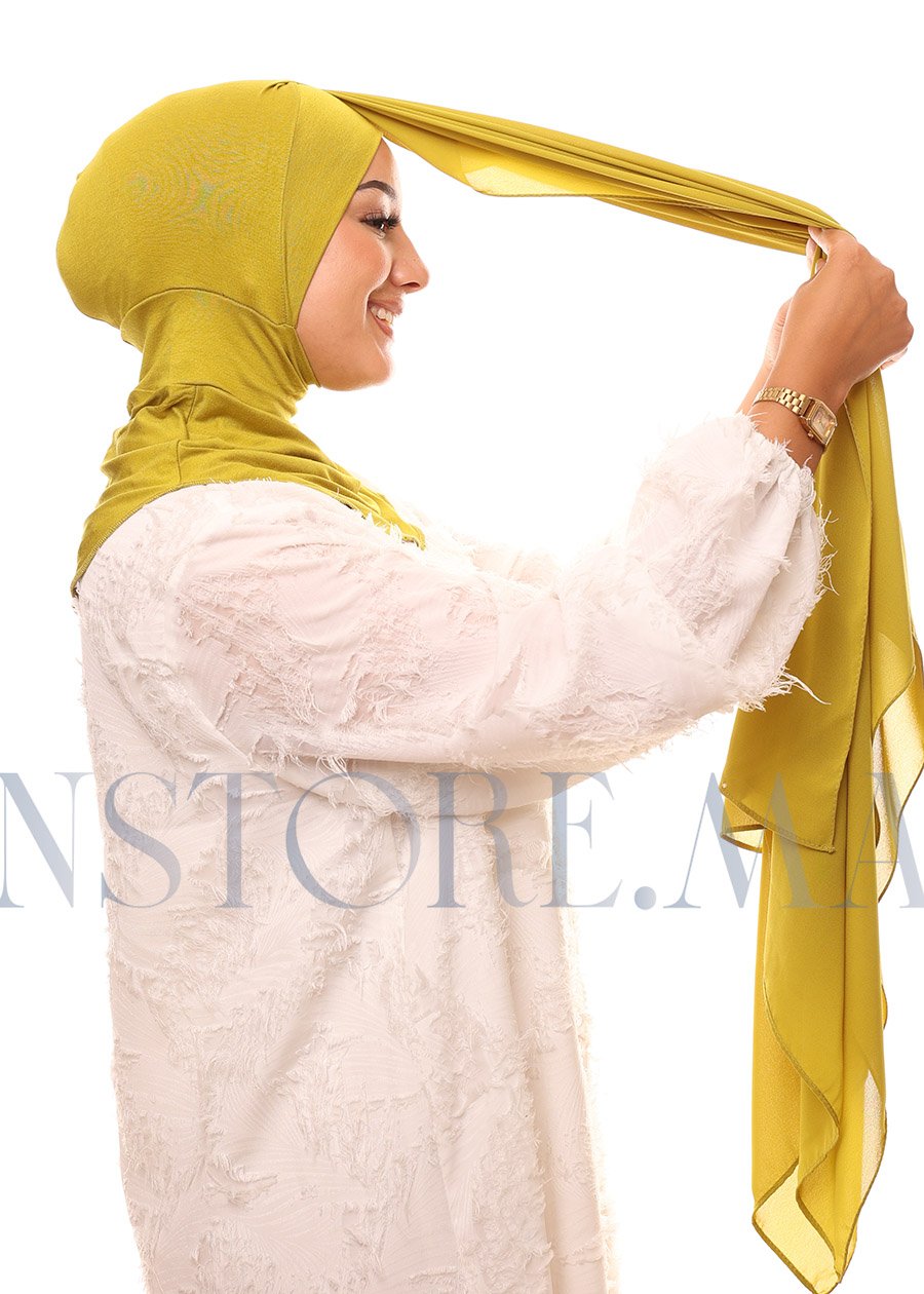 129A2279 شال كريب حريري بالبوني "النينجا" - أخضر خردلي - (موطارد)