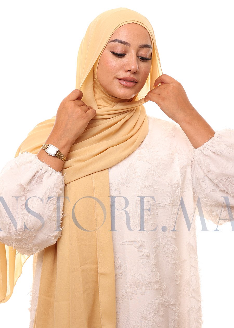 شال كريب حريري بالبوني "النينجا" - بيج مصفر -